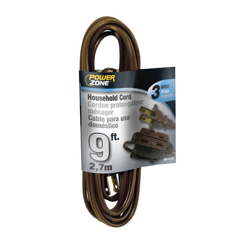 PowerZone OR670609 Extension Cord, 16 AWG Cable, 9 ft L, 125 V, Brown