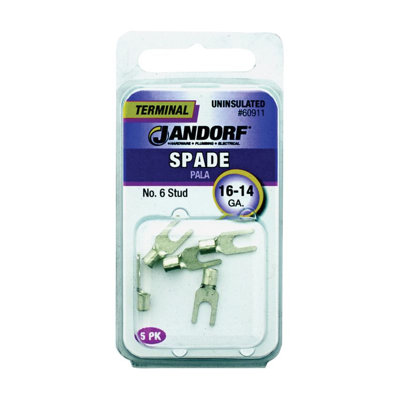 Jandorf 60911 Spade Terminal, 600 V, 16 to 14 AWG Wire, #6 Stud, Copper Contact, 5/PK