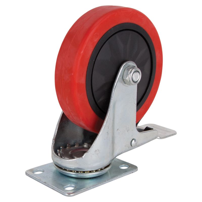 ProSource JC-388-G Swivel Caster with Brake, 5 in Dia Wheel, 30 mm W Wheel, PU Wheel, Red, 275 lb Red