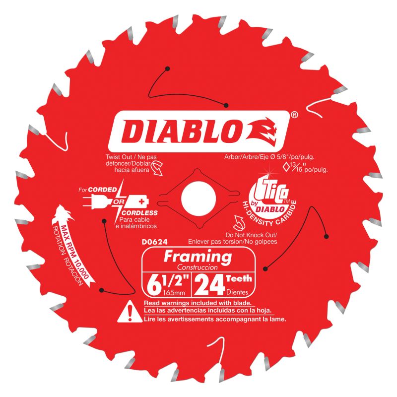 Diablo D0624A Framing Trim Saw Blade, 6-1/2 in Dia, 5/8 in Arbor, 24-Teeth, Carbide Cutting Edge