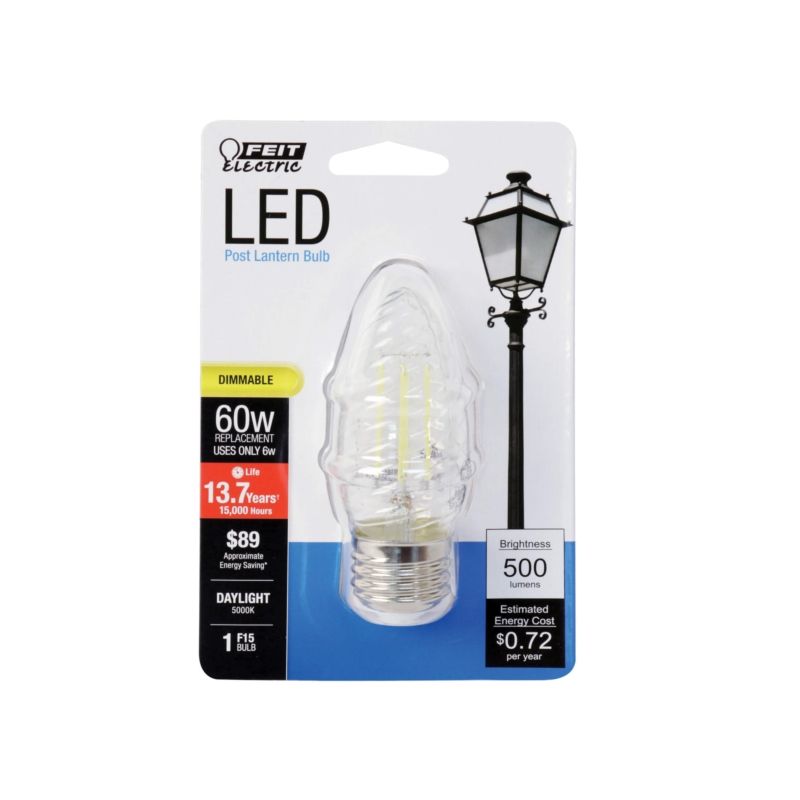 Feit Electric BPF1560/850/FILED LED Bulb, Decorative, F15 Lamp, 60 W Equivalent, E26 Lamp Base, Dimmable, Clear (Pack of 6)