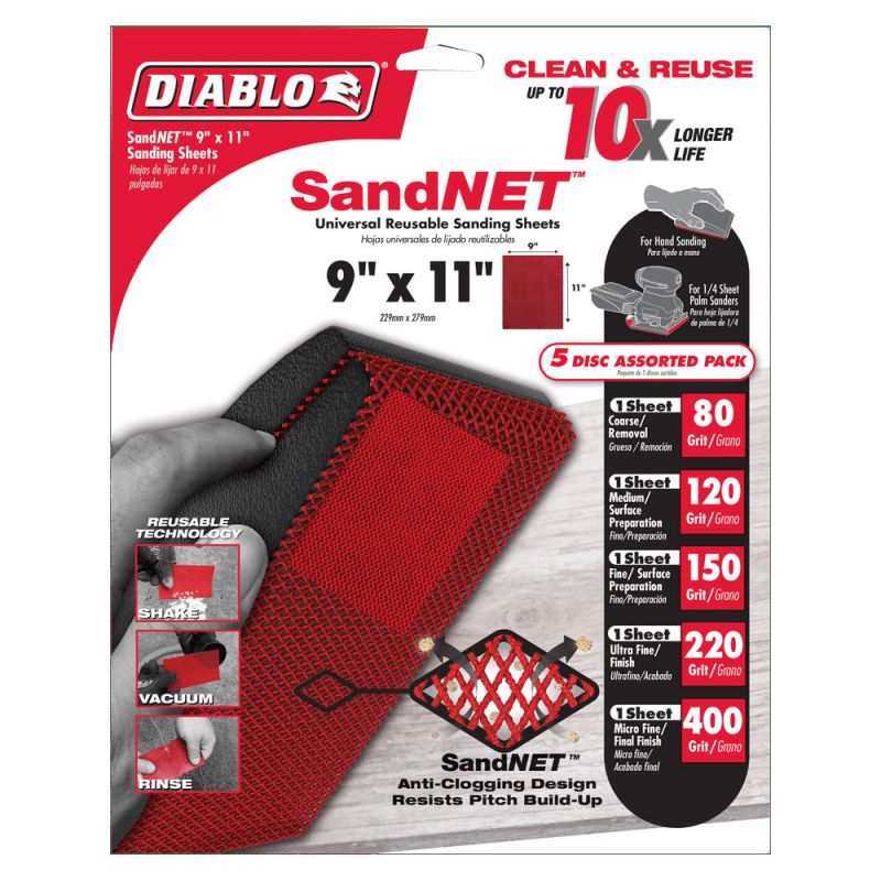 Diablo SandNET DND911ASTH05G Universal Sanding Sheet Assorted Pack, 9 in W, 11 in L, 80, 120, 220 Grit