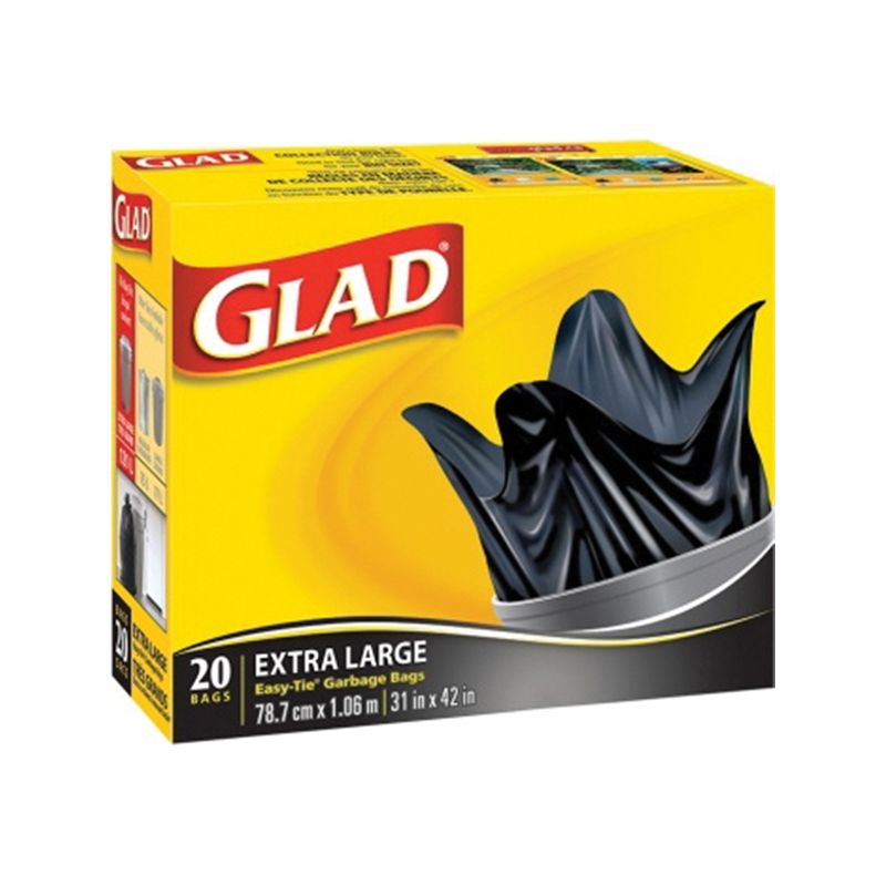 Glad Easy-Tie 30200 Garbage Bag, XL, Plastic, Black XL, Black