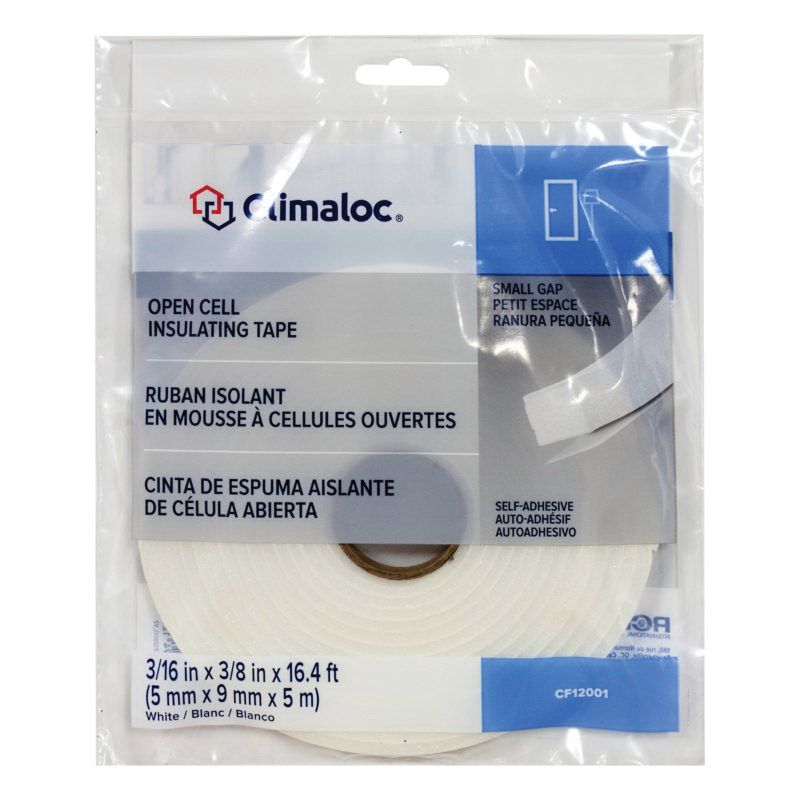 Climaloc CF12001 Open Cell Insulating Foam Tape, 3/8 in W, 16.4 ft L, 3/16 in Thick, Polyurethane, White White