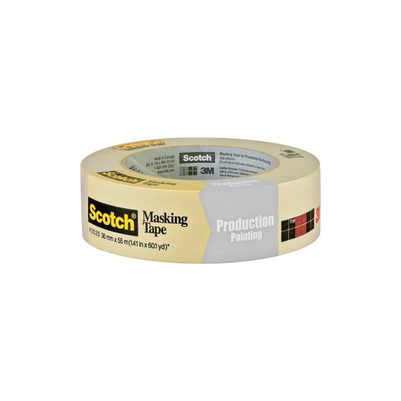 Scotch 2020-1.5A Masking Tape, 60 yd L, 1-1/2 in W, Crepe Paper Backing, Beige Beige