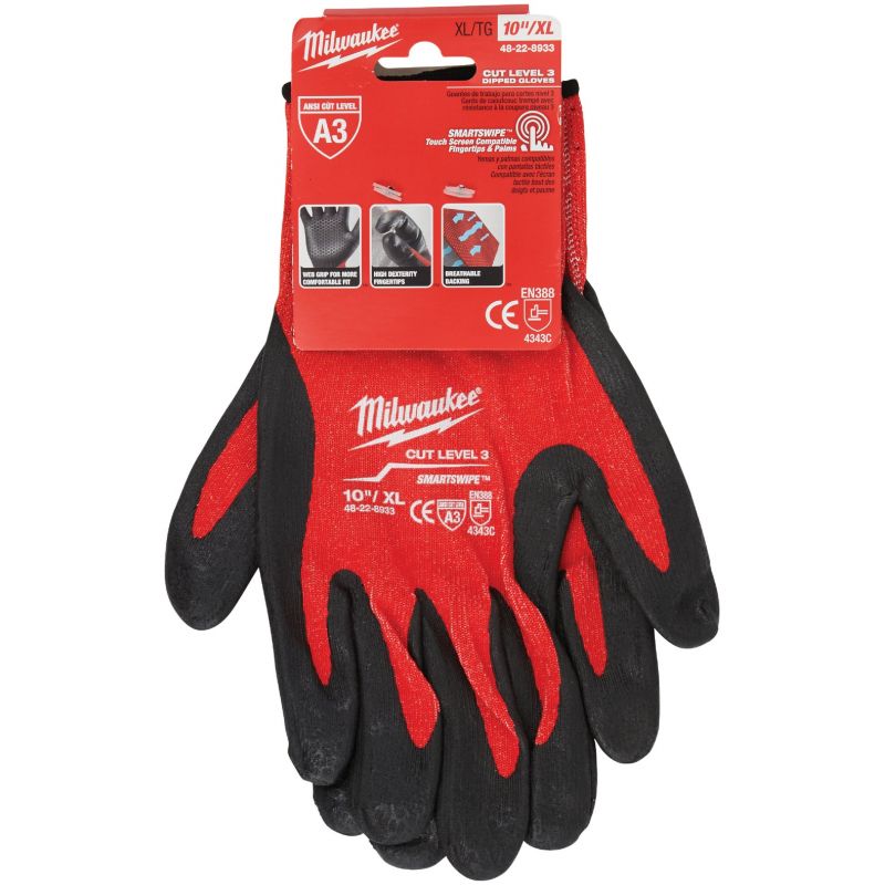 Milwaukee Nitrile Coated Cut Level 3 Work Glove XL, Red &amp; Black