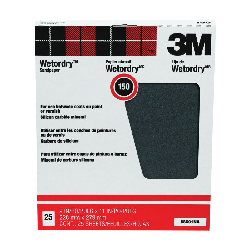 3M 88601 Sandpaper, 11 in L, 9 in W, 150 Grit, Fine, Silicone Carbide Abrasive Tan