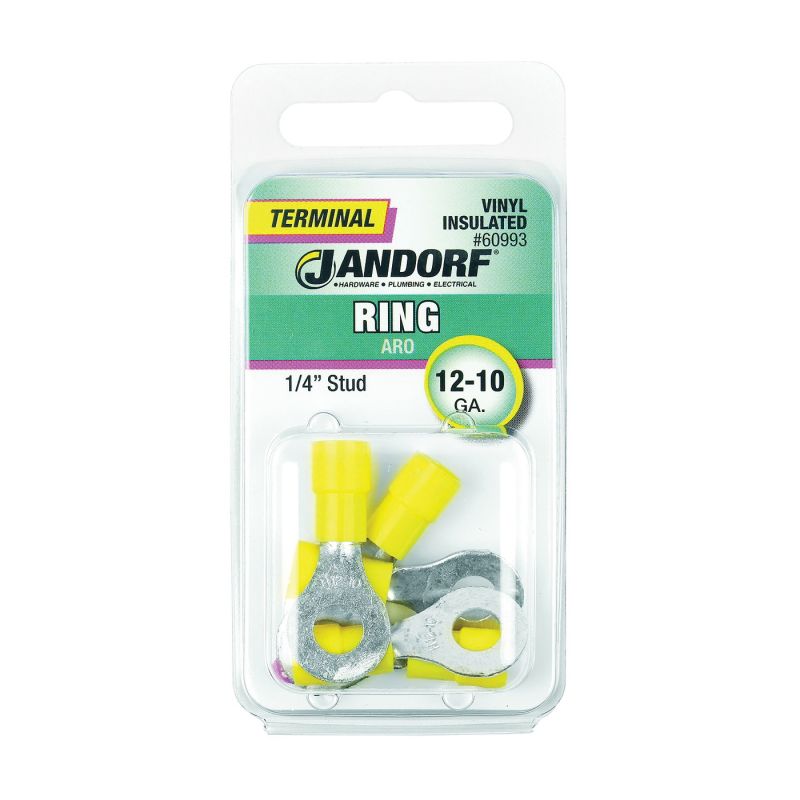 Jandorf 60993 Ring Terminal, 12 to 10 AWG Wire, 1/4 in Stud, Vinyl Insulation, Copper Contact, Yellow Yellow
