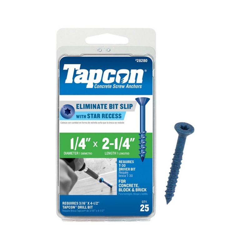Tapcon 28280 Concrete Screw Anchor, 1/4 in Dia, 2-1/4 in L, Steel, Climaseal Blue