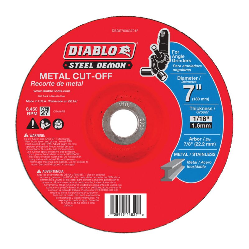 Diablo Steel Demon DBDS70063701F Cut-Off Disc, 7 in Dia, 1/16 in Thick, 7/8 in Arbor, Ceramic Abrasive