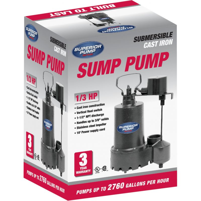 Superior Pump Cast Iron Submersible Sump Pump, Side Discharge 1/3 HP, 2760 GPH