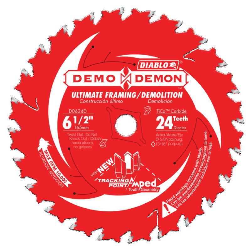 Diablo Demo Demon Amped D0624DA Circular Saw Blade, 6-1/2 in Dia, 5/8 in Arbor, 24-Teeth