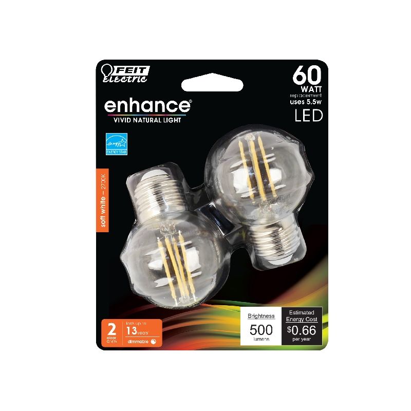 Feit Electric BPGM60/927CA/FIL/2 LED Bulb, Globe, G16-1/2 Lamp, 60 W Equivalent, E26 Lamp Base, Dimmable, Clear