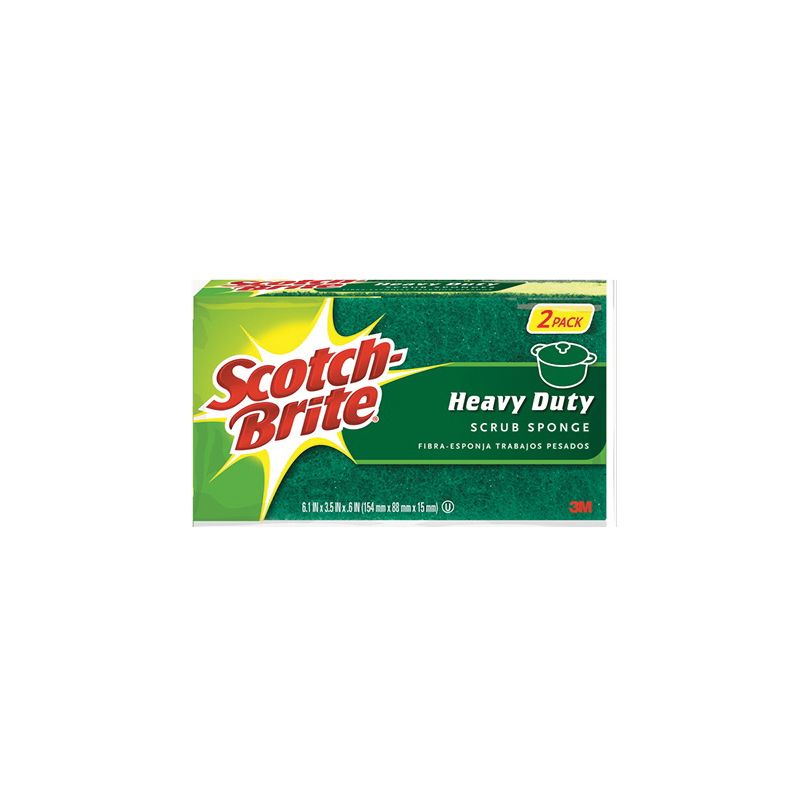 Scotch-Brite 455-2-6 Heavy-Duty Scrub Sponge, 6.1 in L, 3-1/2 in W, 3/5 in Thick, Cellulose/Synthetic Fiber Green/Yellow