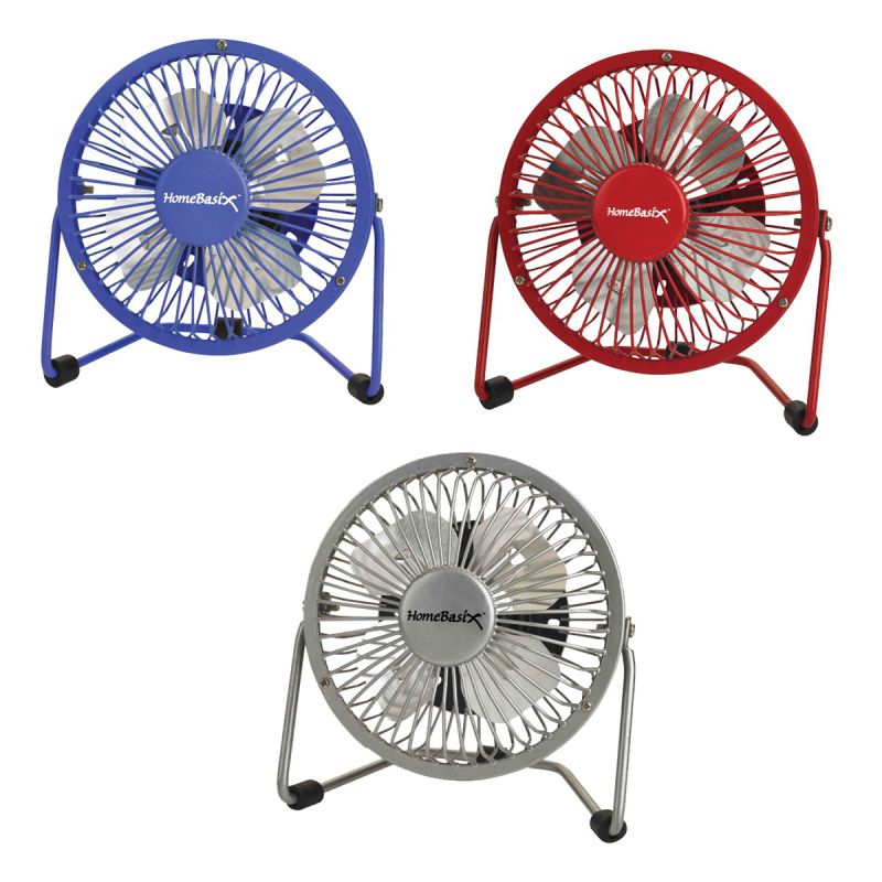 PowerZone FE-20 Personal Fan, 120 VAC, 4 in Dia Blade, 4 -Blade, 1 -Speed, 360 deg Rotating, Blue/Red/Silver Blue/Red/Silver