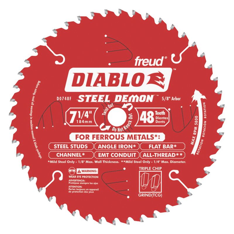 Diablo Steel Demon D0748CFX Circular Saw Blade, 7-1/4 in Dia, 5/8 in Arbor, 48-Teeth, Cermet Cutting Edge
