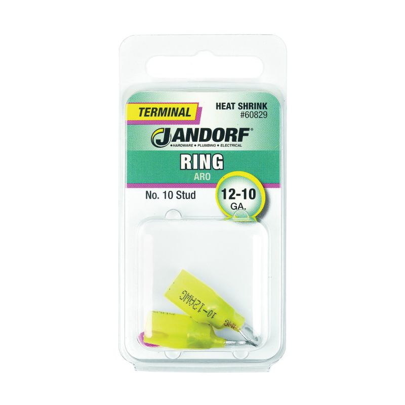 Jandorf 60829 Ring Terminal, 12 to 10 AWG Wire, #10 Stud, Copper Contact, Yellow Yellow