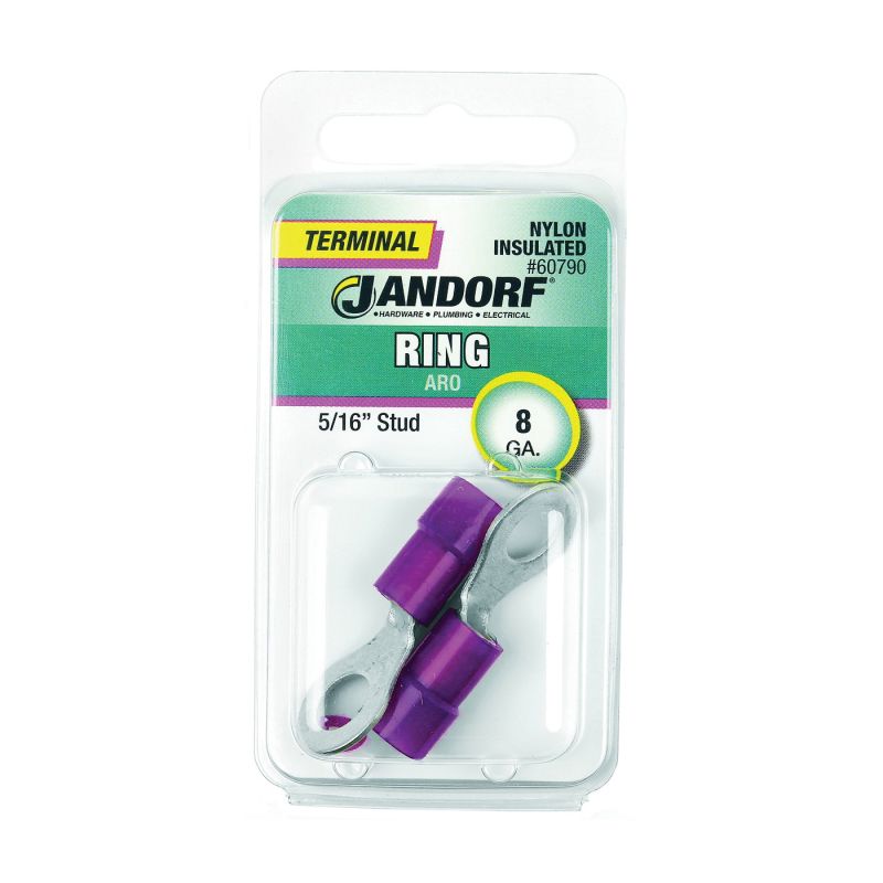 Jandorf 60790 Ring Terminal, 8 AWG Wire, 5/16 in Stud, Nylon Insulation, Copper Contact, Red Red