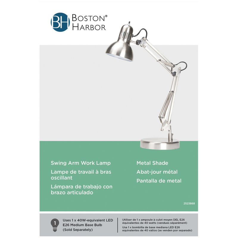 Boston Harbor WK-618E-3L Swing Arm Work Lamp, 120 V, 60 W, 1-Lamp, A19 or CFL Lamp, Brushed Nickel Finish Brushed Nickel Finish