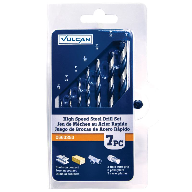 Vulcan Carded Drill Bit Set, 7-Piece, High-Speed Steel, Black Oxide/Polished