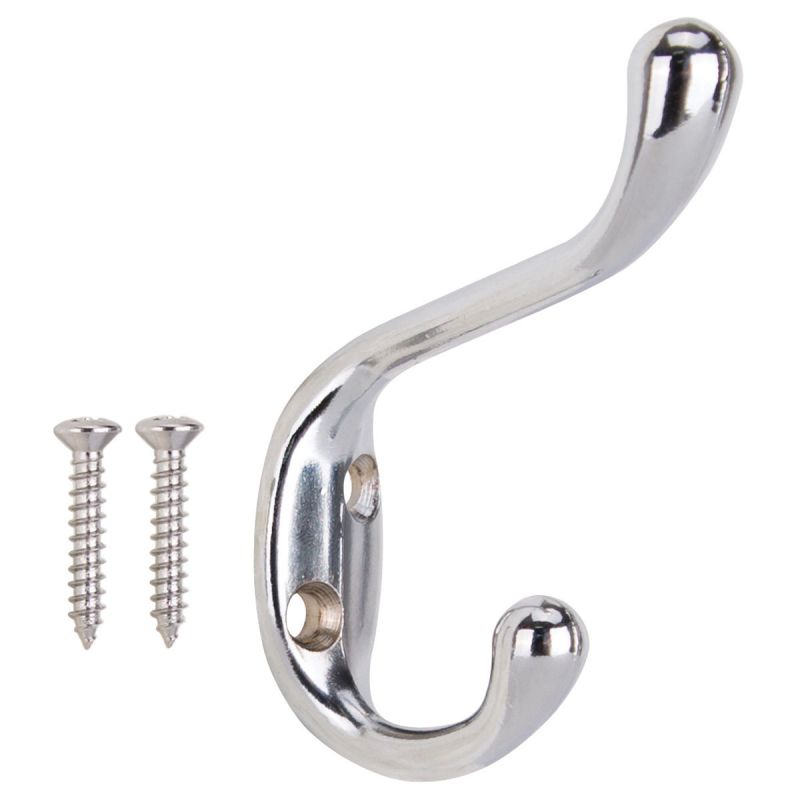 ProSource H6271007CH-PS Coat and Hat Hook, 22 lb, 2-Hook, 1-1/64 in Opening, Zinc, Chrome Silver