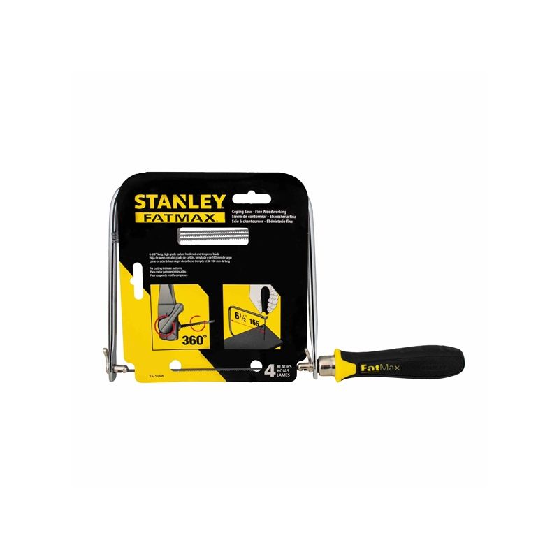 STANLEY 15-106A Coping Saw, 6-3/8 in L Blade, 15 TPI, HCS Blade, Cushion-Grip Handle, Plastic/Rubber Handle 6-3/8 In
