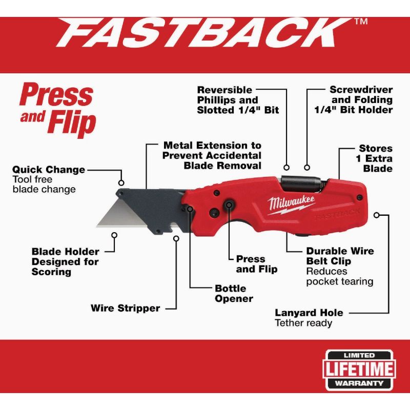 Milwaukee FASTBACK 6 in 1 Folding Utility Knife Red