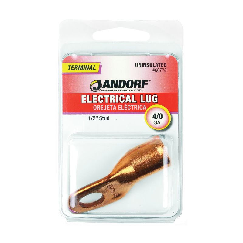 Jandorf 60778 Electrical Lug, 4/0 AWG Wire, 1/2 in Stud, Copper Contact, Brown Brown