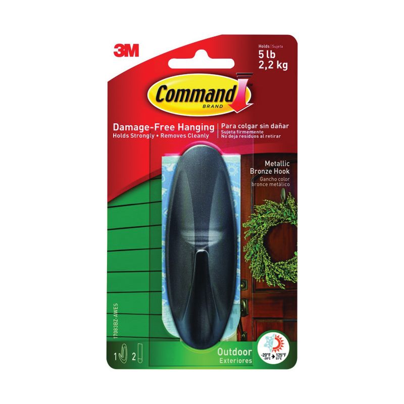 Command 17083BZ-AWES Adhesive Hook, 5 lb, 1-Hook, Plastic, Bronze