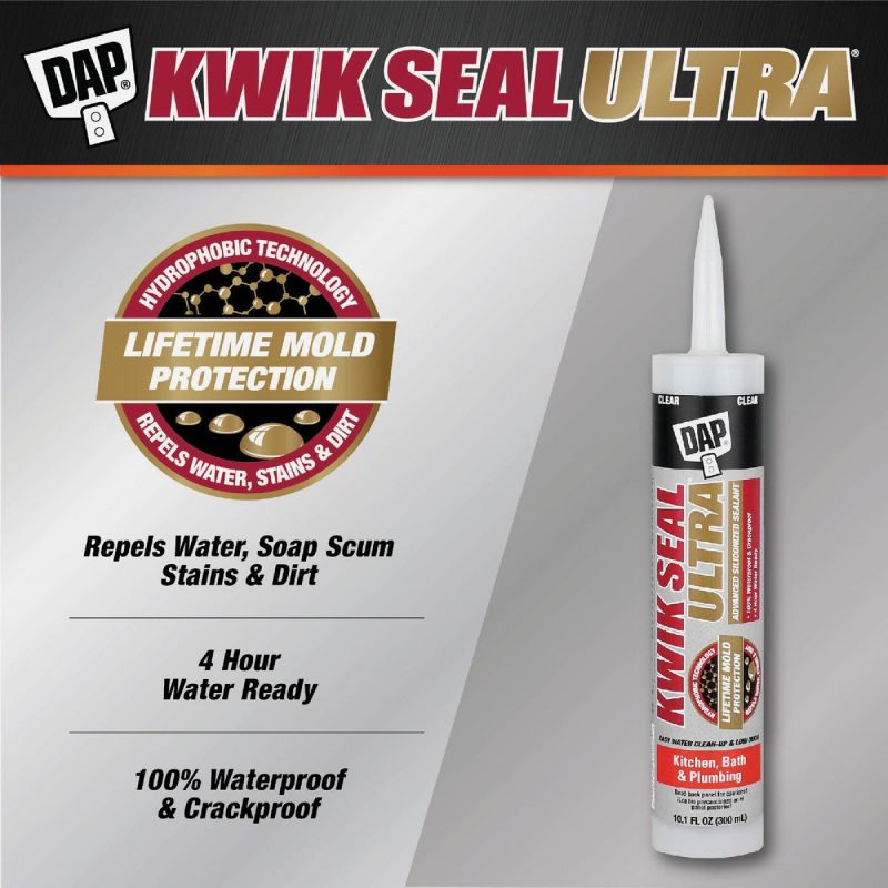Dap Kwik Seal Ultra Advanced Kitchen &amp; Bath Silicone Sealant Clear, 10.1 Oz.