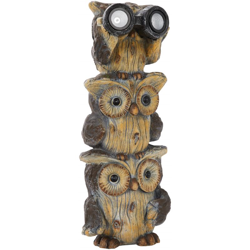 Alpine 3-Owl Lawn Statue with LED Binoculars Brown