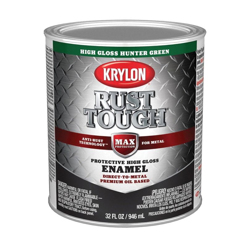 Krylon Rust Tough K09714008 Rust Preventative Paint, Gloss, Hunter Green, 1 qt, 400 sq-ft/gal Coverage Area Hunter Green