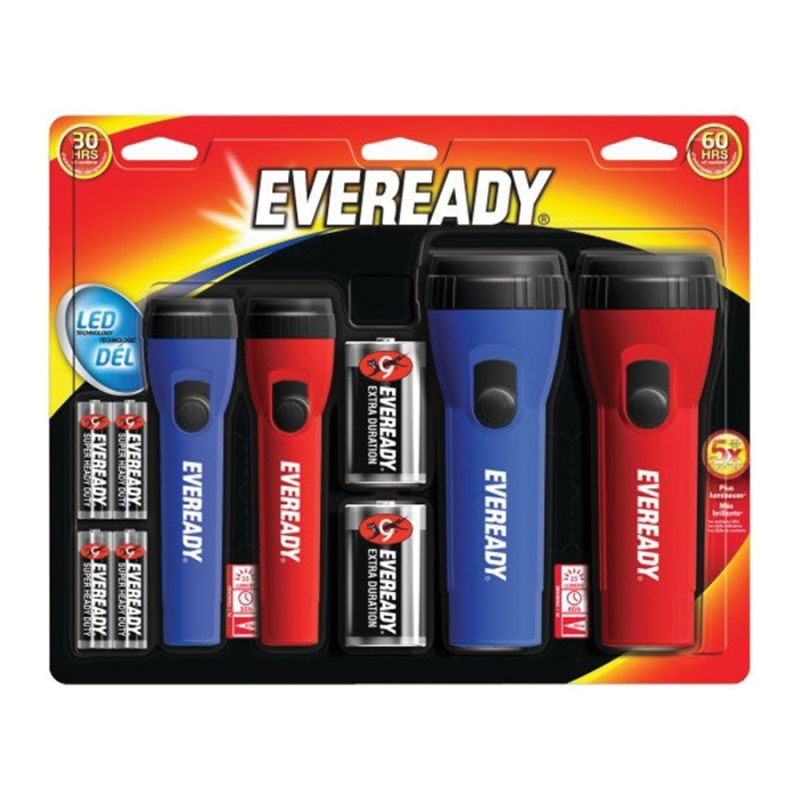 Eveready EVM5511S Flashlight, AA, D Battery, Alkaline Battery, LED Lamp, 8 Lumens Lumens, 125 hr Run Time Black/Blue/Red