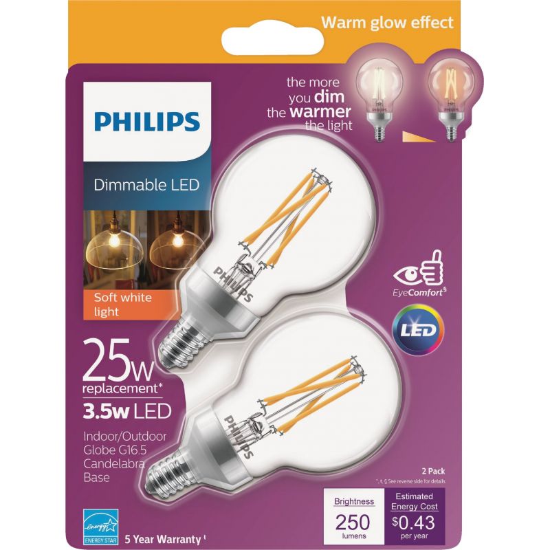 Philips Warm Glow G16.5 Candelabra Dimmable LED Decorative Light Bulb