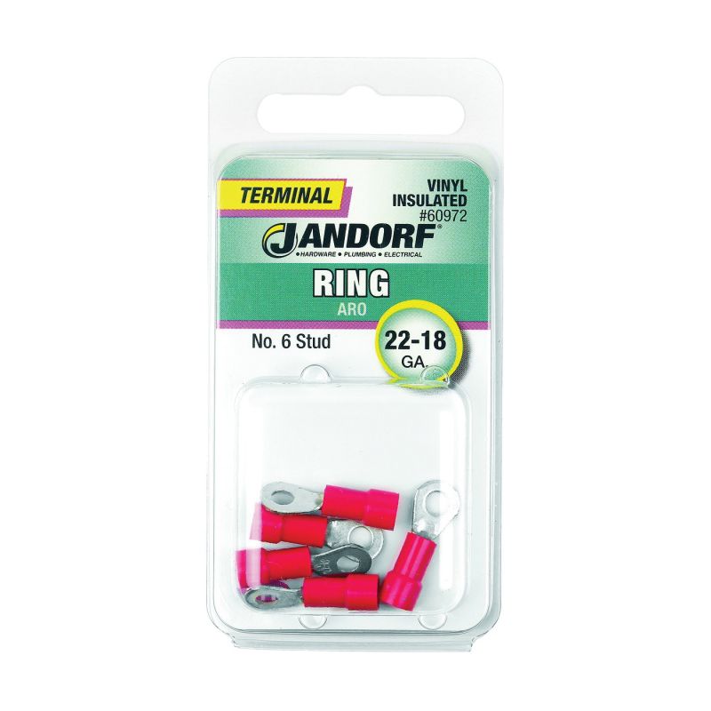 Jandorf 60972 Ring Terminal, 22 to 18 AWG Wire, #6 Stud, Vinyl Insulation, Copper Contact, Red Red