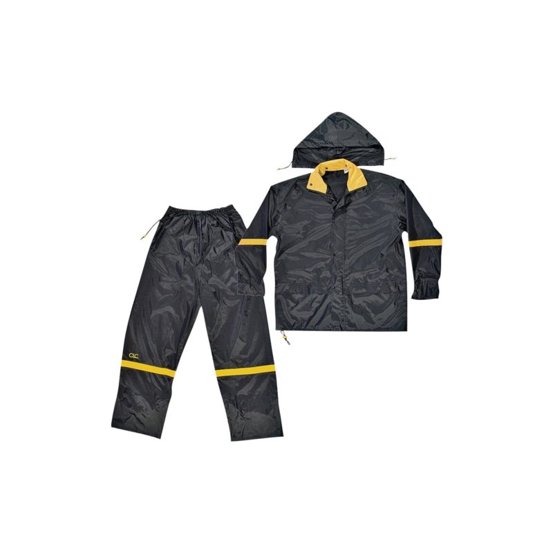 CLC R103L Rain Suit, L, 190T Nylon, Black/Yellow, Detachable Collar, Zipper Closure L, Black/Yellow
