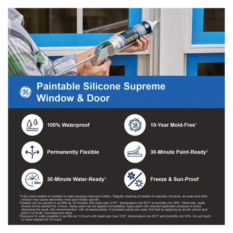 GE Paintable Silicone Supreme 2733730 Window &amp; Door Sealant, White, 24 hr Curing, 10.1 fl-oz Cartridge White