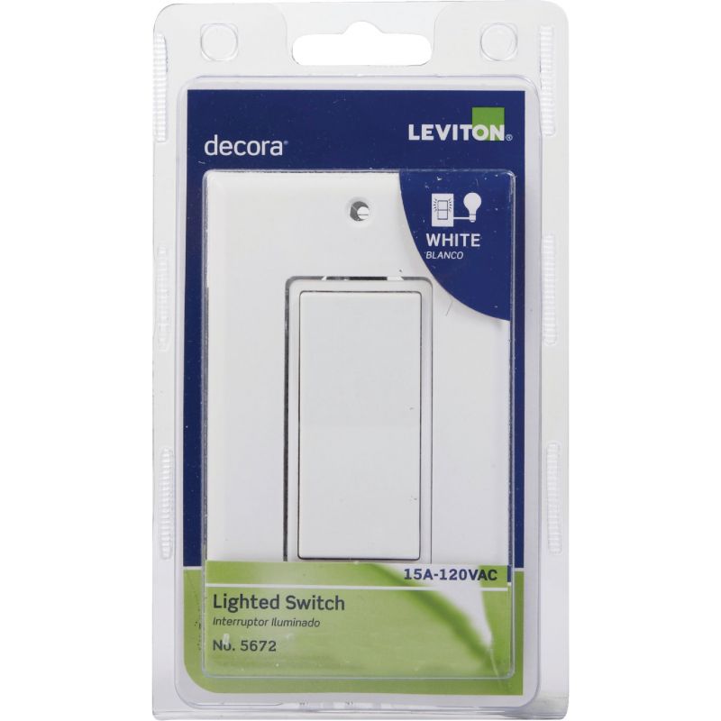 Leviton Decora Illuminated Rocker Single Pole Switch With Wall Plate White, 15