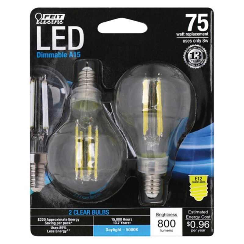 Feit Electric BPA1575C/850/FIL/2 LED Light Bulb, A15 Lamp, 75 W Equivalent, E12 Candelabra Lamp Base, Dimmable, Clear, 2/PK