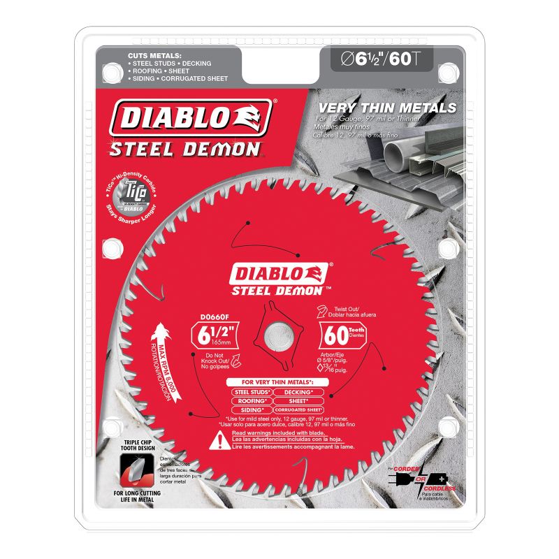 Diablo Steel Demon D0660F Saw Blade, 6-1/2 in Dia, 5/8 in Arbor, 60-Teeth, Carbide Cutting Edge