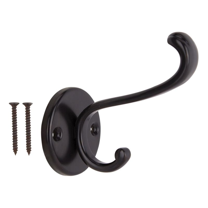 ProSource H-032-10B Coat and Hat Hook, 22 lb, 2-Hook, 1 in Opening, Zinc, Oil-Rubbed Bronze Black