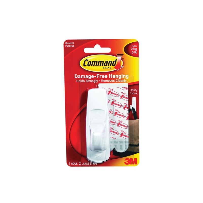 Command 17003 Utility Hook, 7/8 in Opening, 5 lb, 1-Hook, Plastic, White White