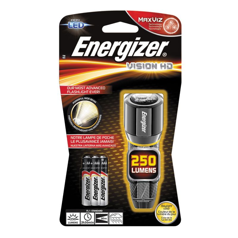 Energizer EPMHH32E Flashlight, AAA Battery, LED Lamp, 250 Lumens, 80 m Beam Distance, 2.5 hr Run Time, Silver Silver