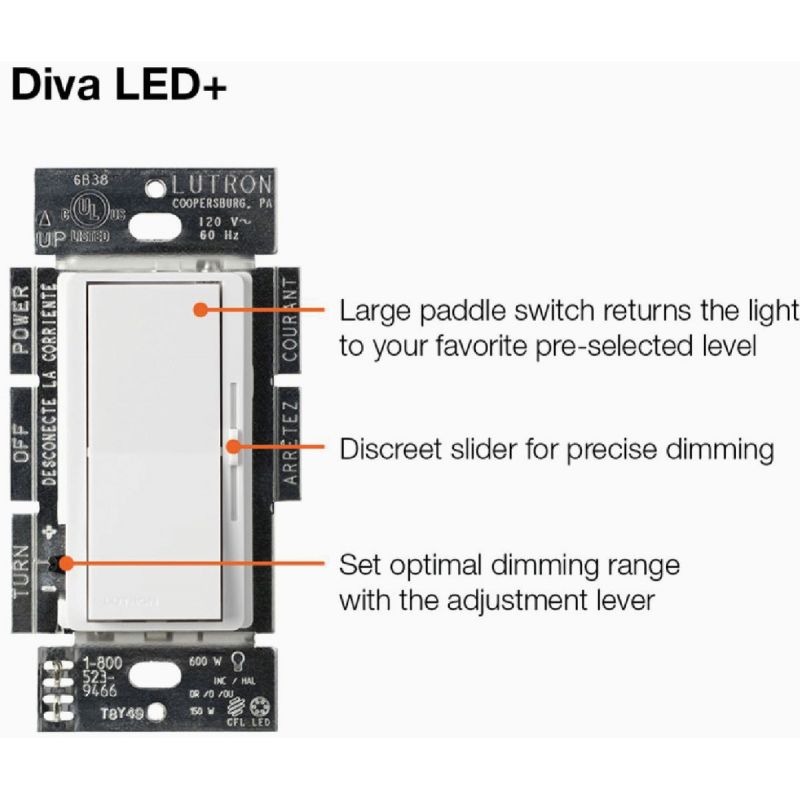 Lutron Diva LED/CFL Slide Dimmer Switch Light Almond