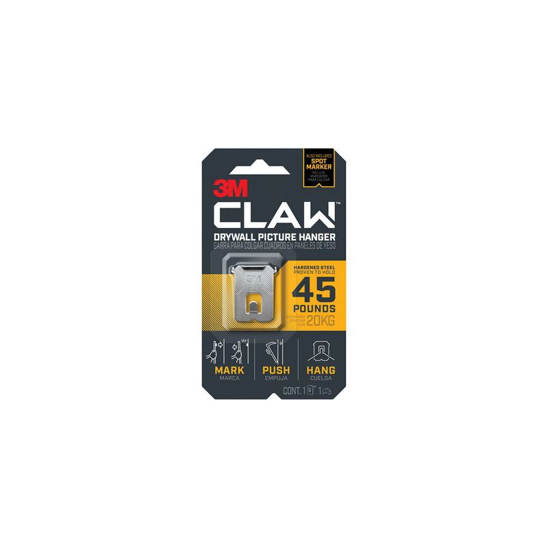 3M CLAW 3PH45M-1ES Drywall Picture Hanger, 45 lb, Steel, Push-In Mounting, 1/PK