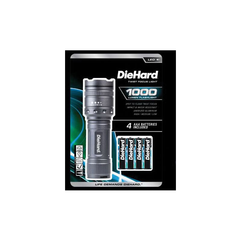 Dorcy DieHard Series 41-6122 Twist Flashlight, AAA Battery, Alkaline Battery, LED Lamp, 1000 Lumens Lumens, Gray Gray