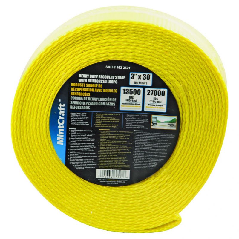 ProSource FH64064 Recovery Strap, 27,000 lb, 3 in W, 30 ft L, Polyester, Yellow Yellow