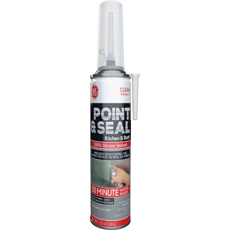 GE Point &amp; Seal Silicone 2+ Kitchen &amp; Bath 100% Silicone Sealant Clear, 7.25 Oz.