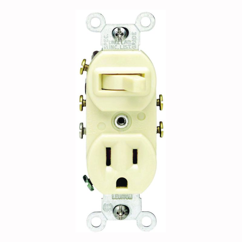 Leviton 031-05245-00I Combination Switch/Receptacle, 1 -Pole, 15 A, 120 V Switch, 125 V Receptacle, Ivory Ivory