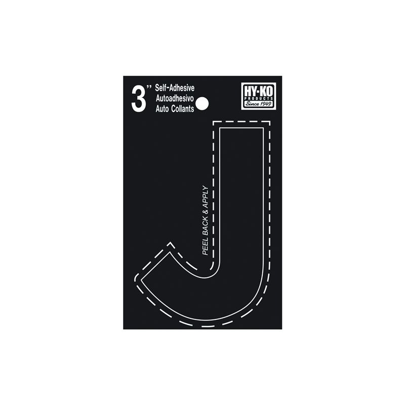 Hy-Ko 30400 Series 30420 Die-Cut Letter, Character: J, 3 in H Character, Black Character, Vinyl